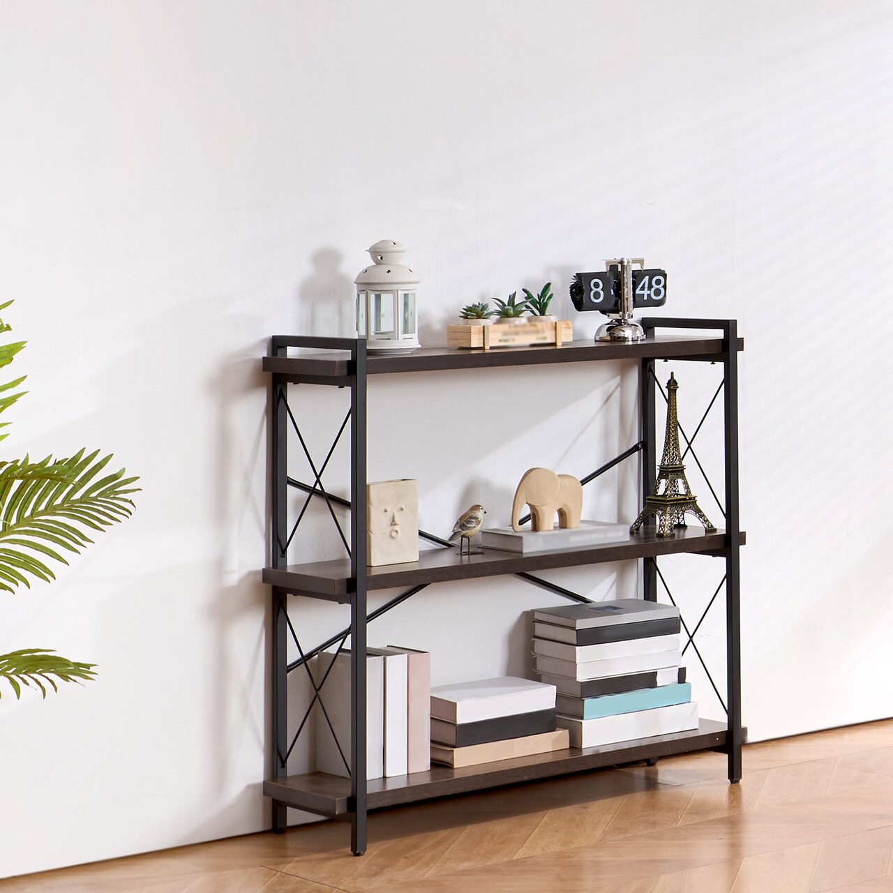 3-Tier Industrial Metal Bookshelf, Small Rustic Display Bookcase with Open Shelves